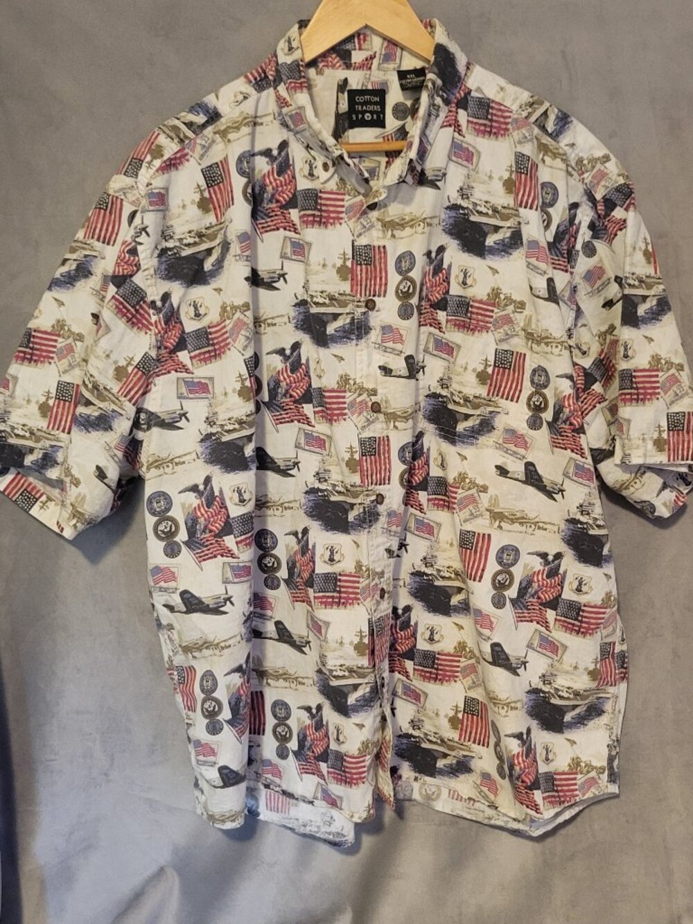 Cotton Traders Sport Men’s American Flag Military Aircraft Button-Up Shirt XXL